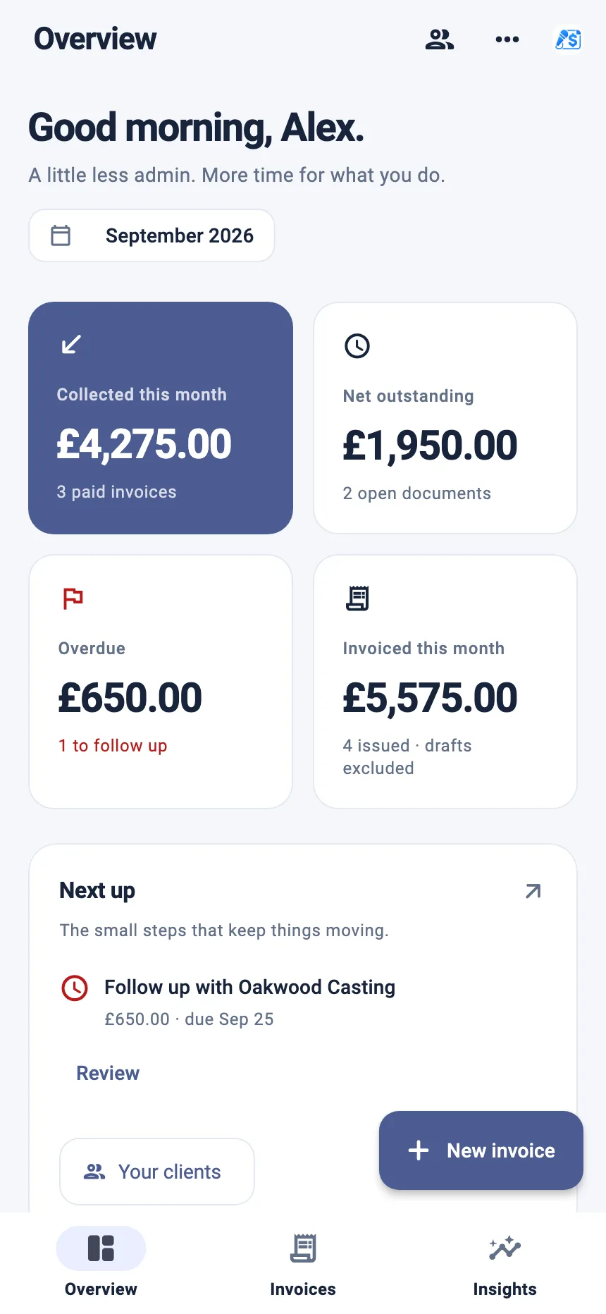 StagePay overview for an actor, showing collected this month and open bookings