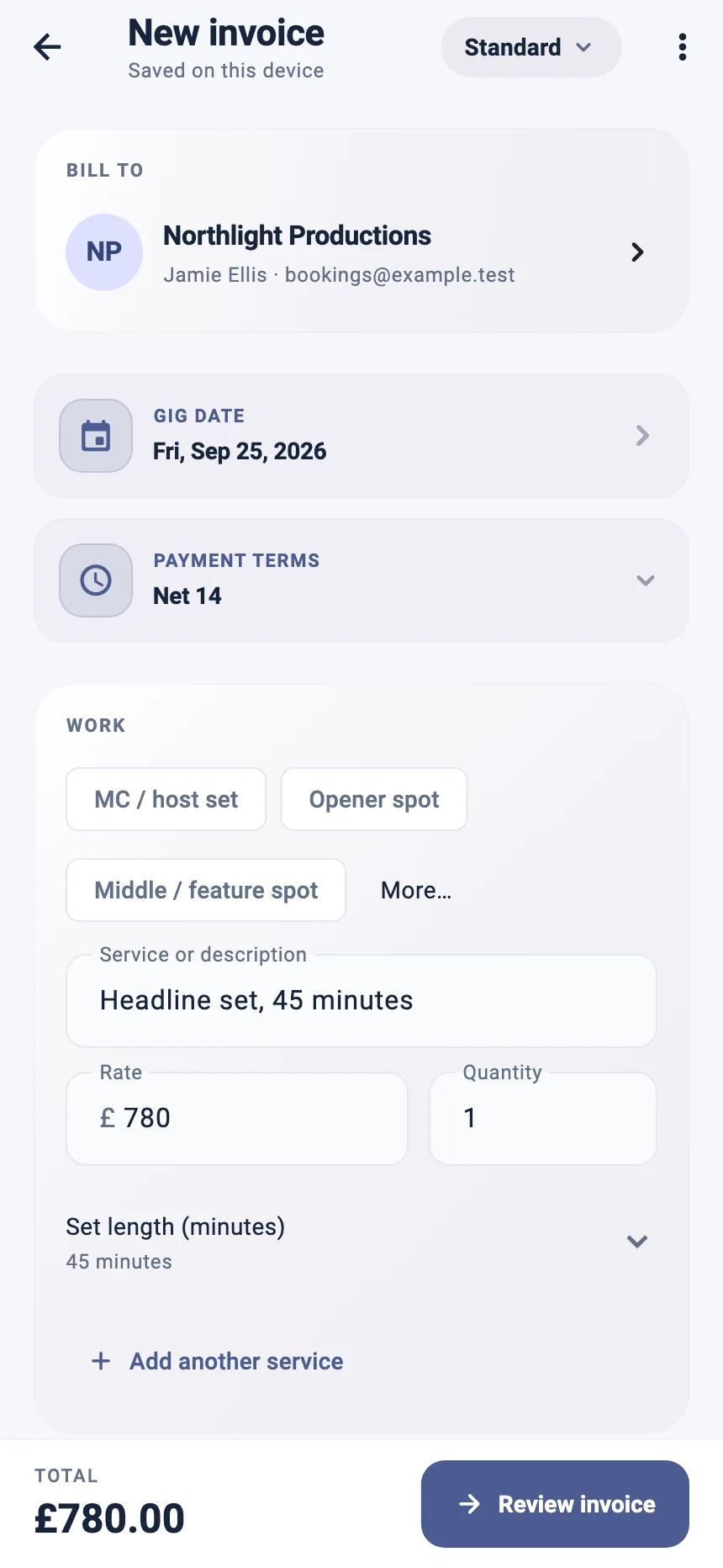 StagePay invoice builder showing a saved venue, linked booker, address and invoice total