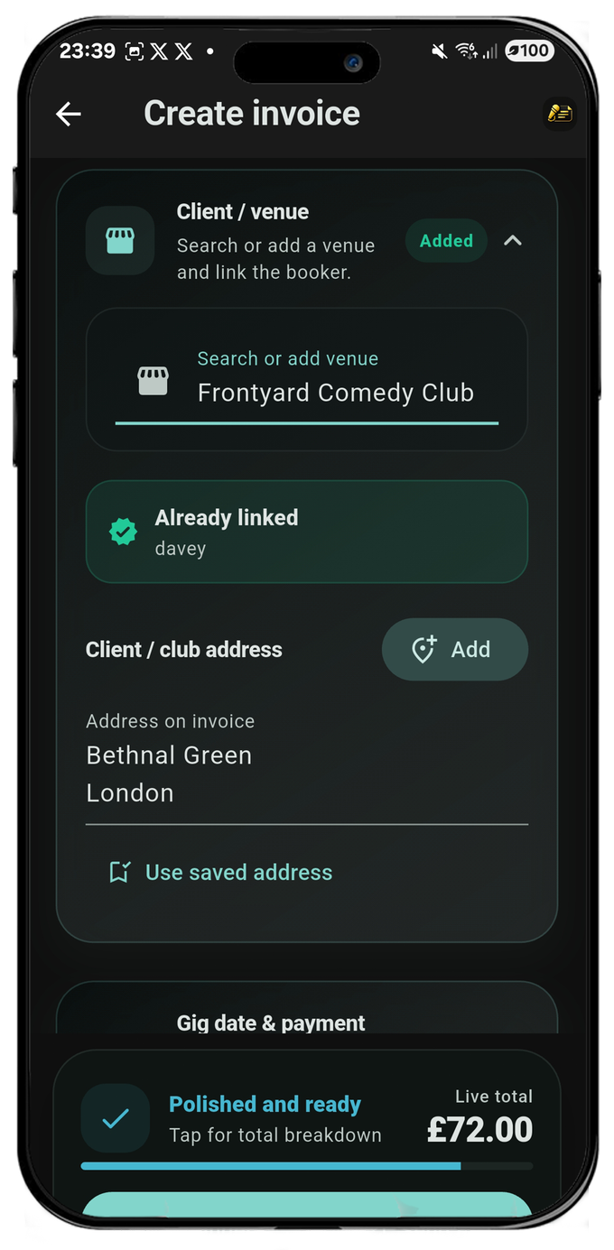 StagePay invoice builder with venue linked and polished total bar.